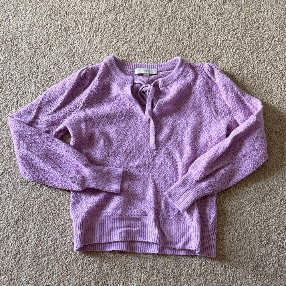 LOFT Lavender Tie-Neck Textured Knit Sweater